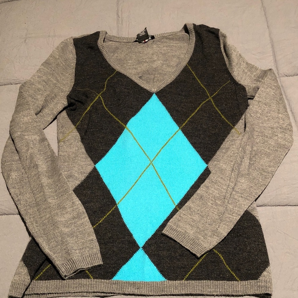 New York & Company Gray and Blue V-Neck Sweater